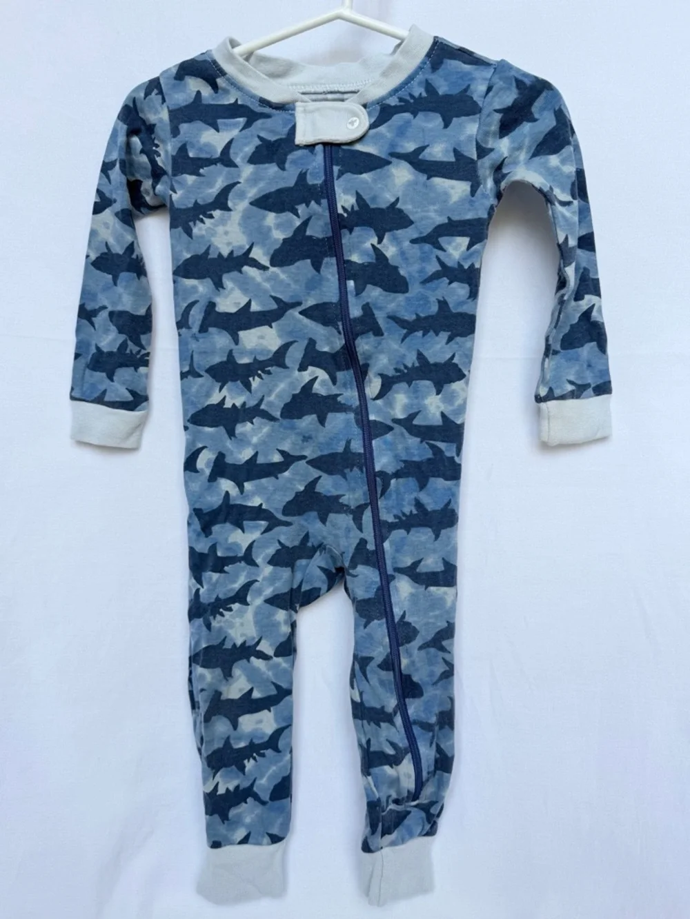 12 MTH Burt's Bees Navy and Light Blue Shark-Print One-Piece